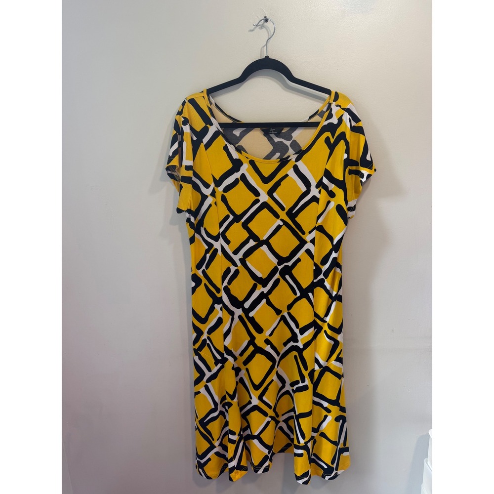 Lennie for Nina Leonard Yellow Geometric‎ Abstract Print A-Line Dress Womens